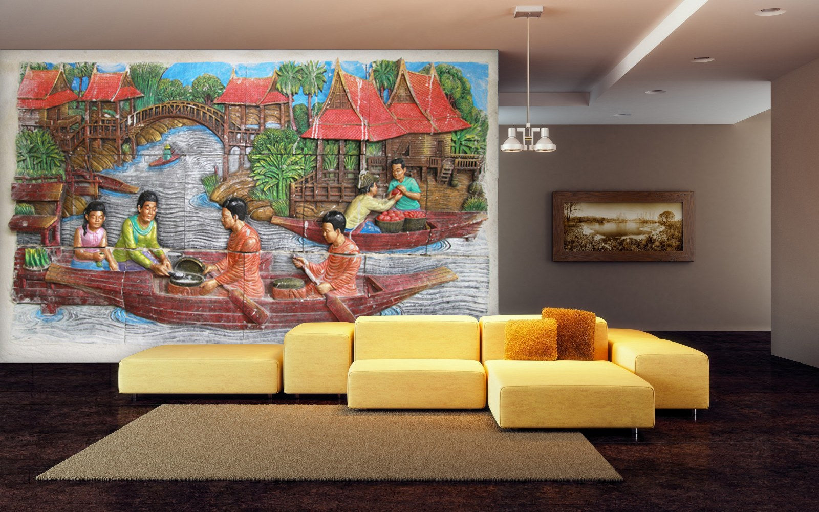 999Store 3D Village and Boats in The River Mural Wallpapers for Walls